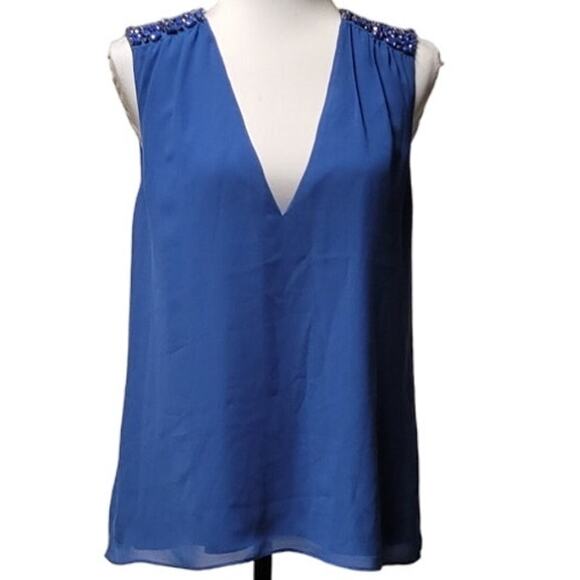 Alice + Olivia Blue Jeweled Shoulder Deep V-Neck Sleeveless Glam Party Blouse -S - Picture 1 of 7